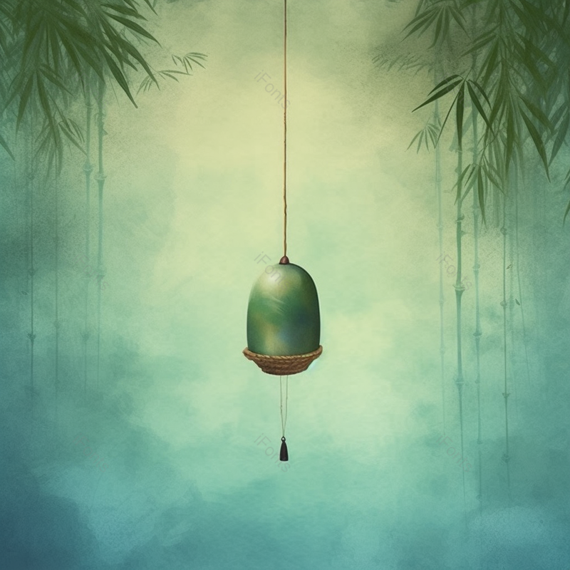 夏季古风绿色竹子铃铛圆形插画中国文化背景,插画/手绘图,插画/手绘图库,插画/手绘图下载,插画/手绘